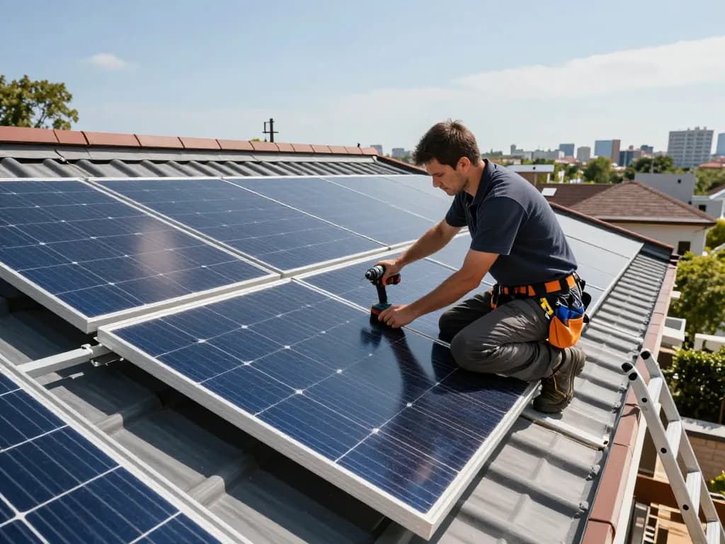 Residential solar panel installation, illustrating garanția modulelor fotovoltaice – ce acoperă, highlighting the technician's work and solar technology.
