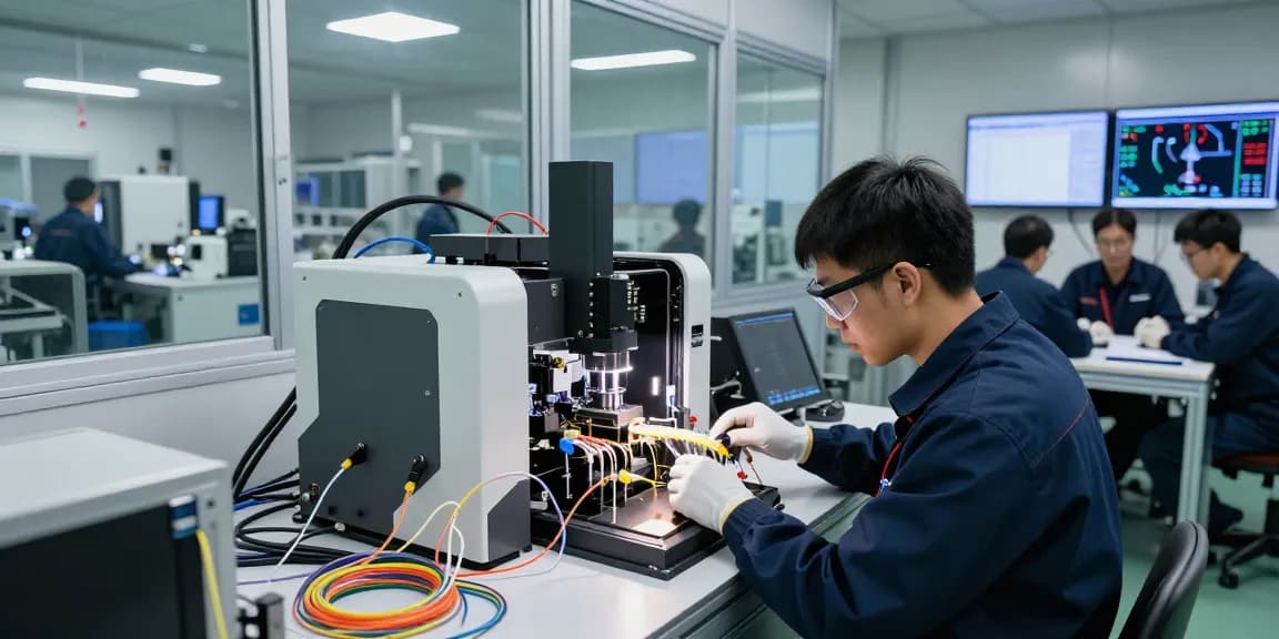 Technician assembling precision optical fiber components in a high-tech environment.
