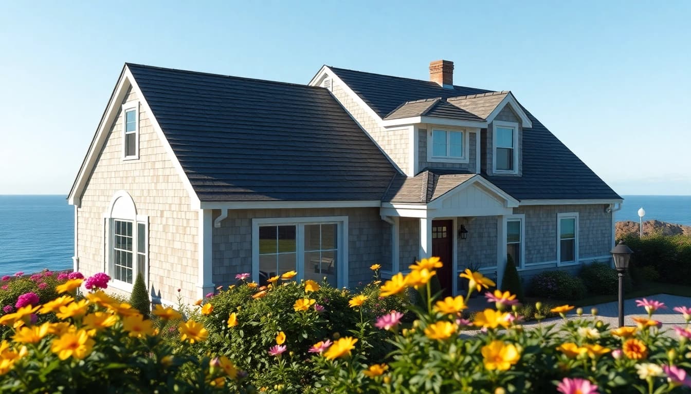 Cape Cod homes featuring an elegant design with an attached garage surrounded by vibrant greenery.