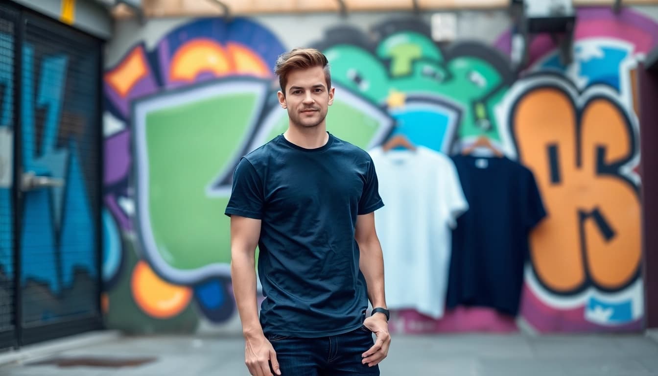 Showcasing the best blank t shirts worn by a model against a vibrant mural backdrop.