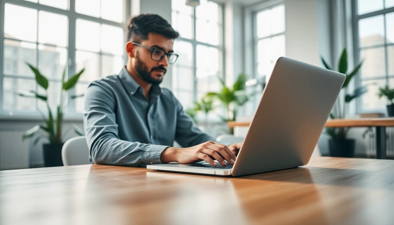 Apply for uk eta online application efficiently with a focused individual at a sleek workstation.