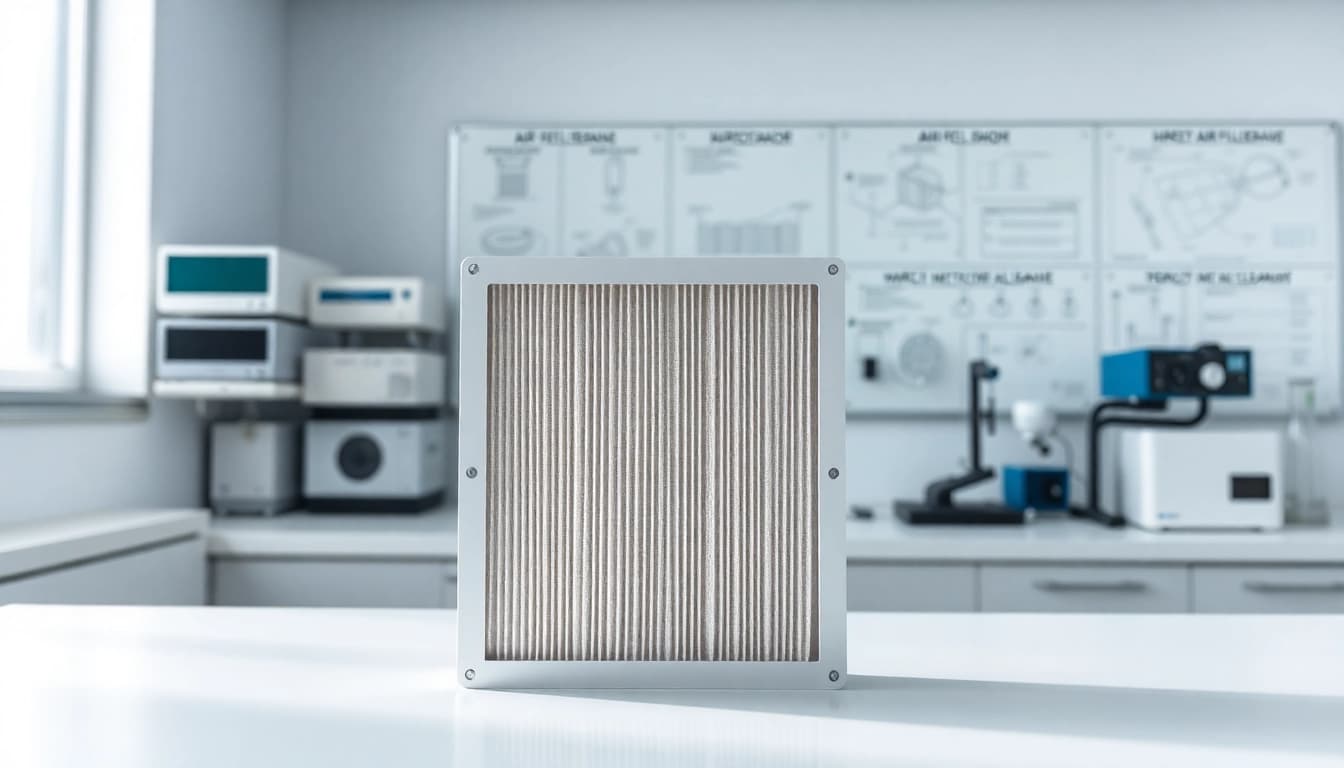 Showcasing a HEPA filter in a clean lab environment with advanced air filtration equipment.