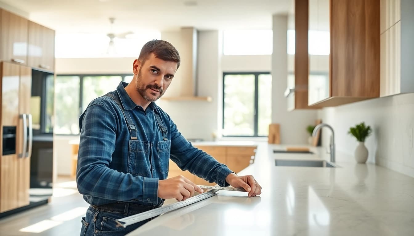Austin residential remodeling contractor skillfully renovating a modern kitchen space with elegant cabinetry.