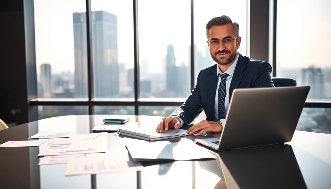 Engaged top financial advisor analyzing data at a modern desk with a city view.