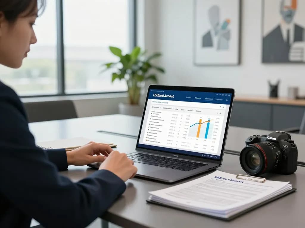 Business professional exploring US Bank Account options in a modern office setting.
