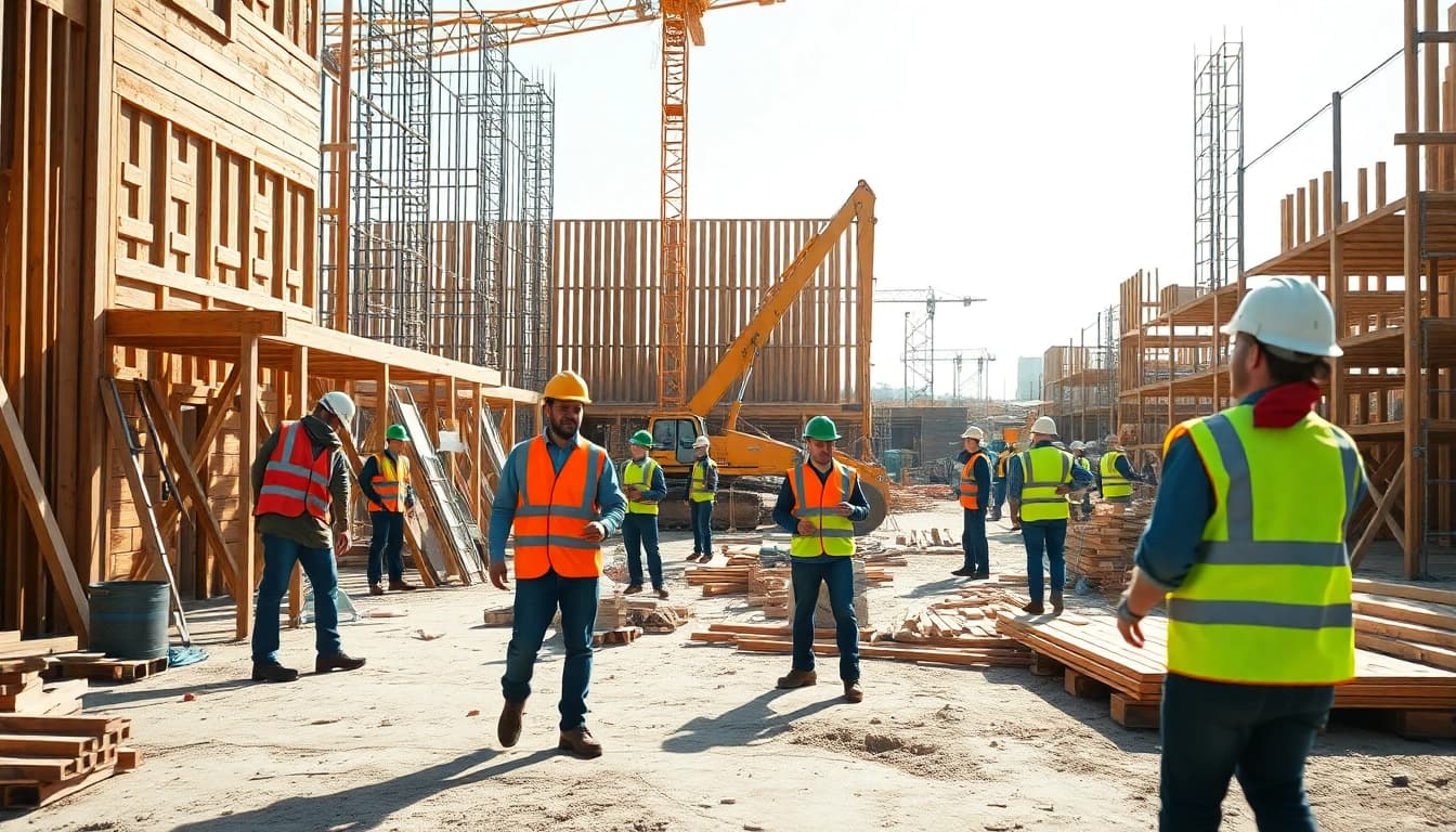 Domicile Construction site showcasing workers and machinery in action for ongoing projects.