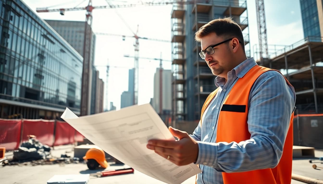 New York Construction Manager analyzing project blueprints on a busy construction site.