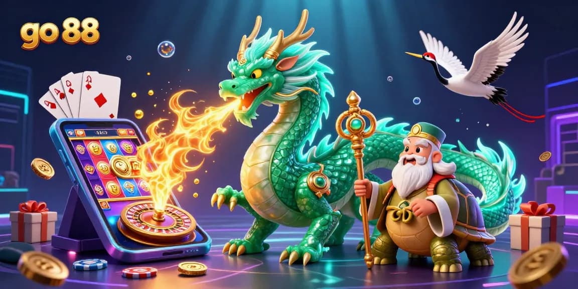 Experience thrilling wins with go 88's vibrant casino elements, featuring an emerald jade dragon and lucky cranes.