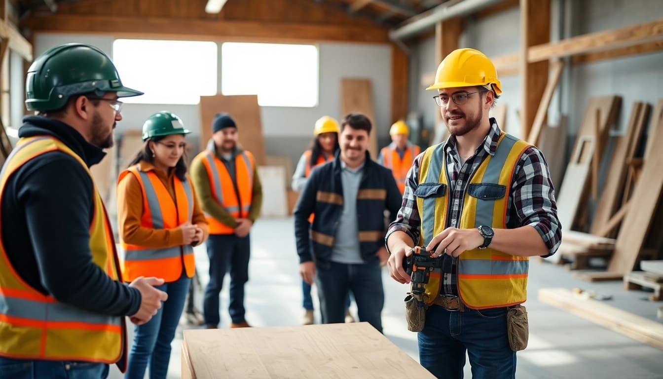 Engaged trainees in a construction training session learning under expert guidance.