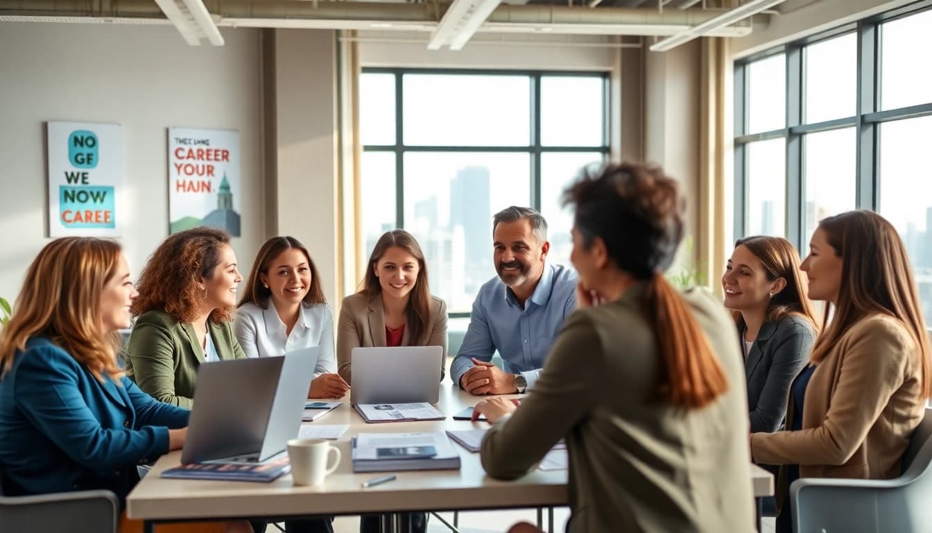 Discover your ideal career options in a vibrant office setting with professionals consulting.