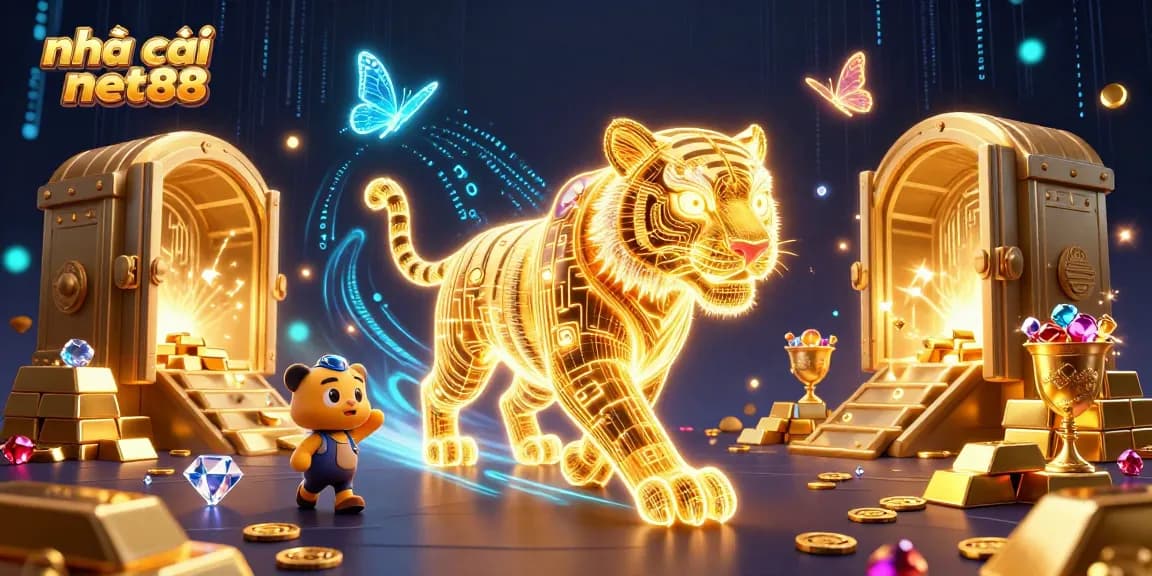 nhà cái net88 brings excitement with a neon-wireframe golden tiger and treasure in a colorful casino