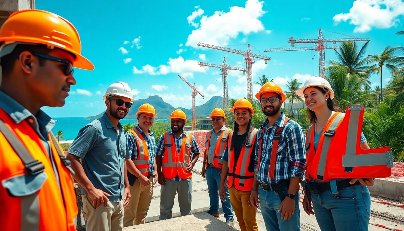 Hawaii construction association team members collaborating on a construction site.