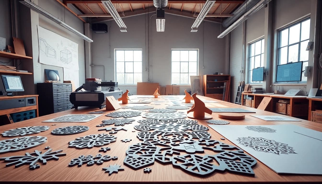 Showcasing laser cutting designs in a modern workshop environment, highlighting artistic precision.