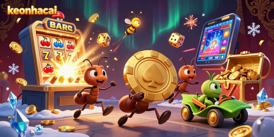 Ants on a heist feature keonhacai gaming action with slot machine icons and golden treasures.