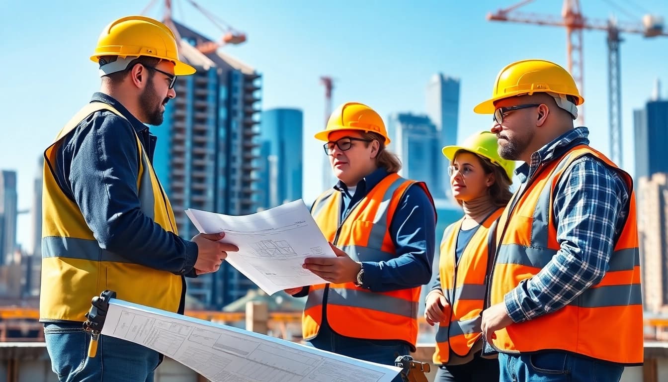 New York Commercial General Contractor managing a bustling construction site with workers and blueprints.