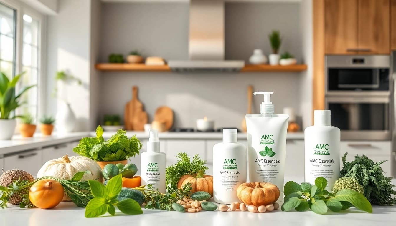 Showcase of AMC Essentials products in a modern kitchen, emphasizing natural and organic living.