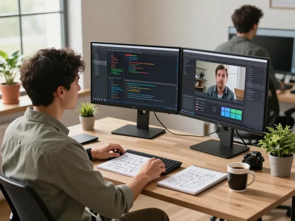 AI specialist demonstrating mind control through software innovation in a bright workspace with coding and motion design.