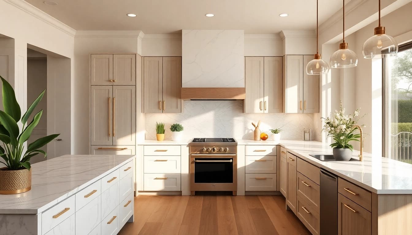 Best contractor for high-end remodels Austin showcasing a luxurious kitchen with marble countertops and custom cabinetry.