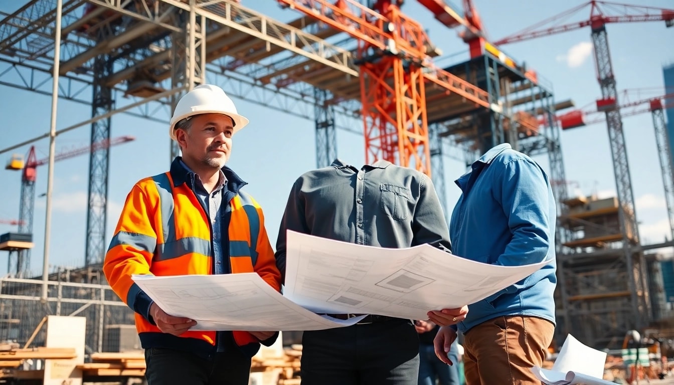 New York Commercial General Contractor collaborating on a construction site with detailed blueprints.
