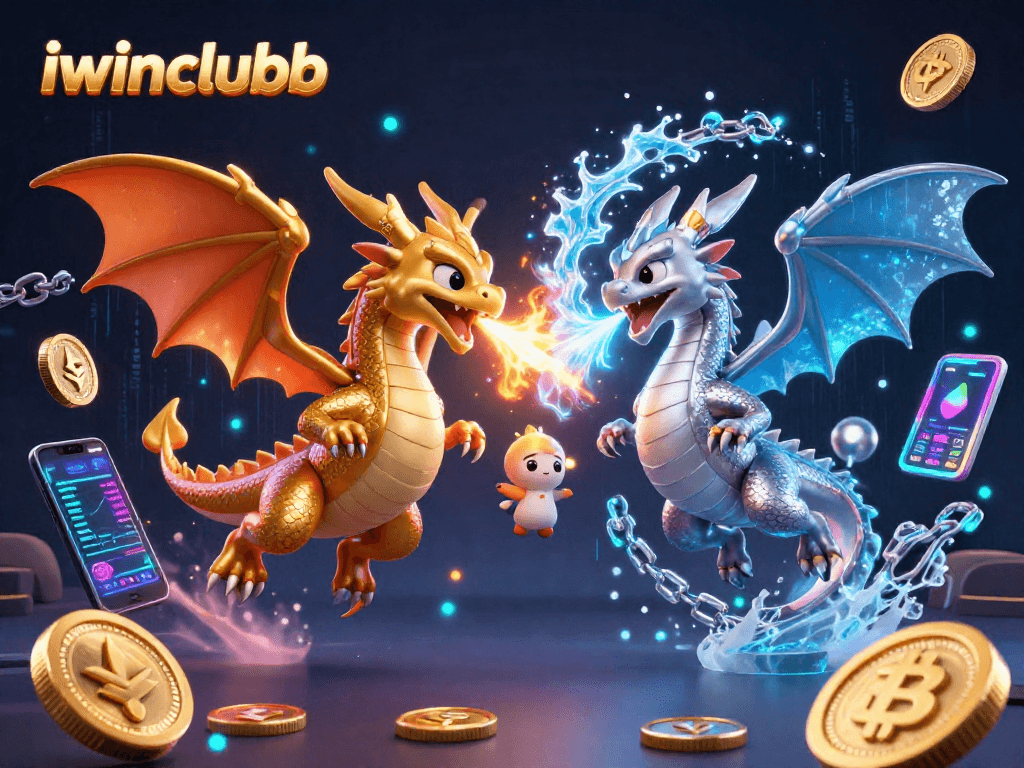 Engage with iwinclubb's thrilling scene featuring intertwined dragons and neon blockchain elements.