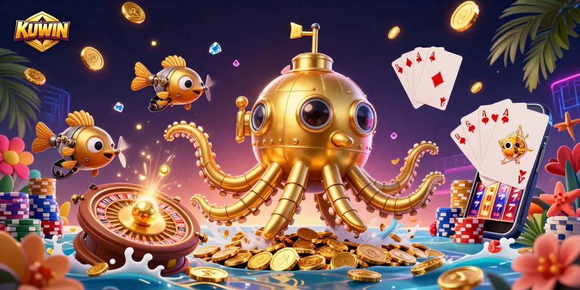 Spin the 3D slot reels with KUWIN for jackpot wins in a vibrant casino setting.
