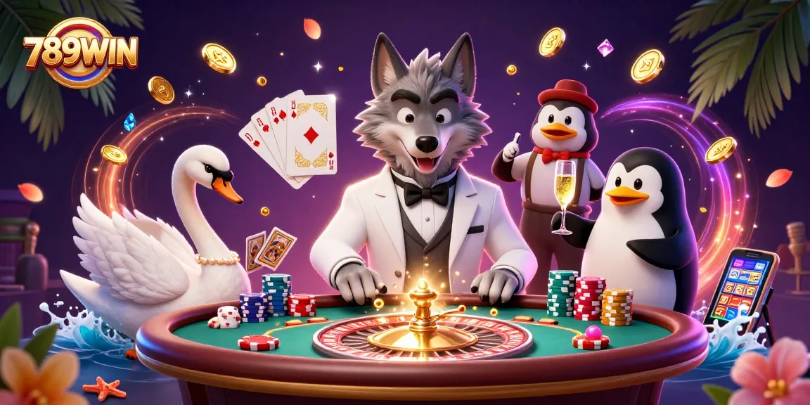 Experience thrilling gameplay at 789WIN with vibrant casino characters, card games, and sparkling winnings.