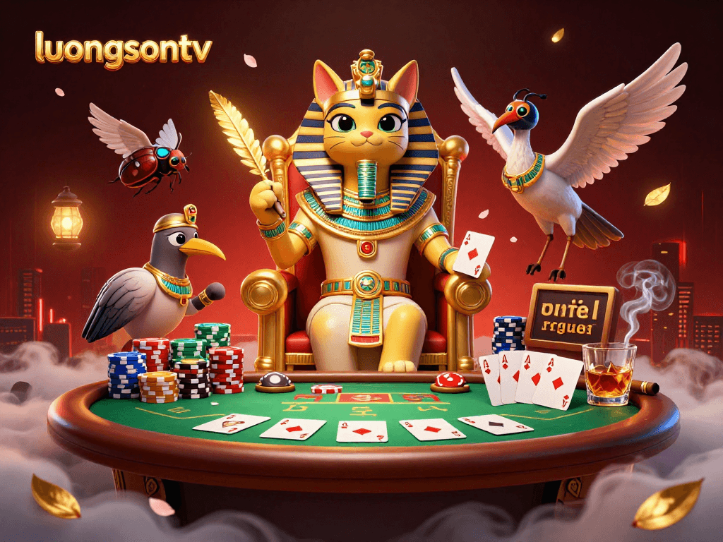 Experience thrilling gameplay with luongsontv's stunning pharaoh cat and poker scene illustration.