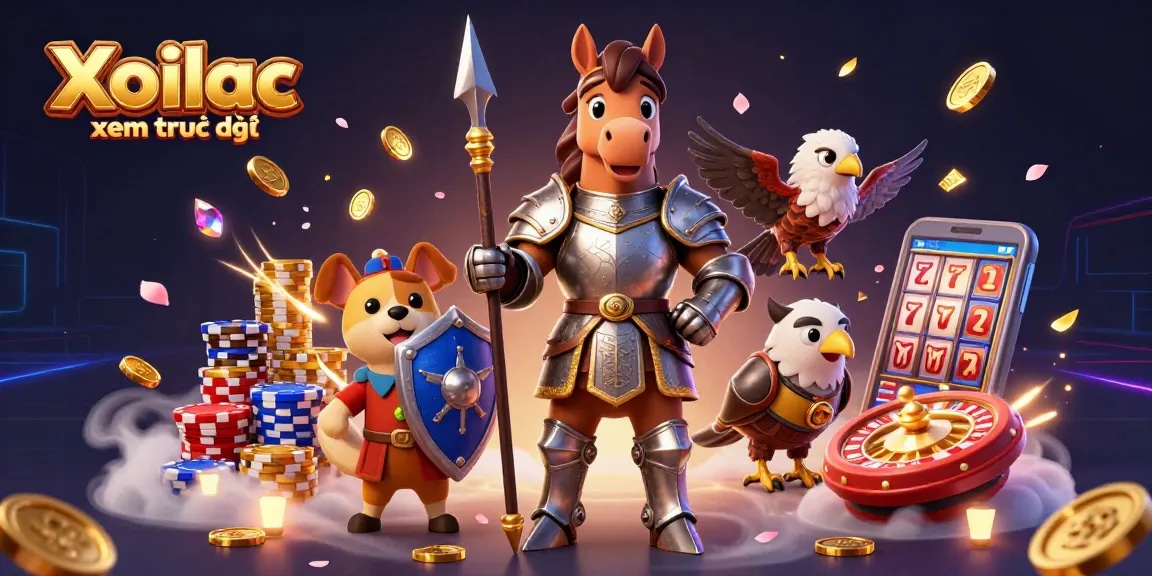 Xoilac xem trực tiếp showcasing medieval knight, squire puppy, and falcon engulfed in vibrant casino elements.