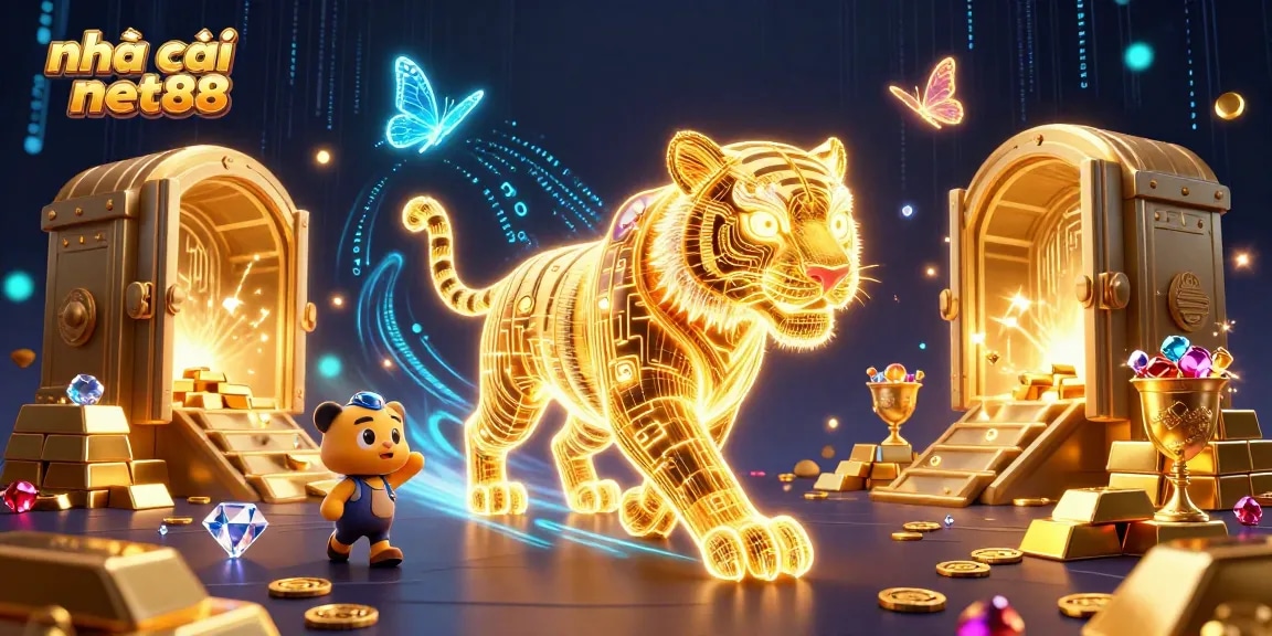 nhà cái net88 brings excitement with a neon-wireframe golden tiger and treasure in a colorful casino