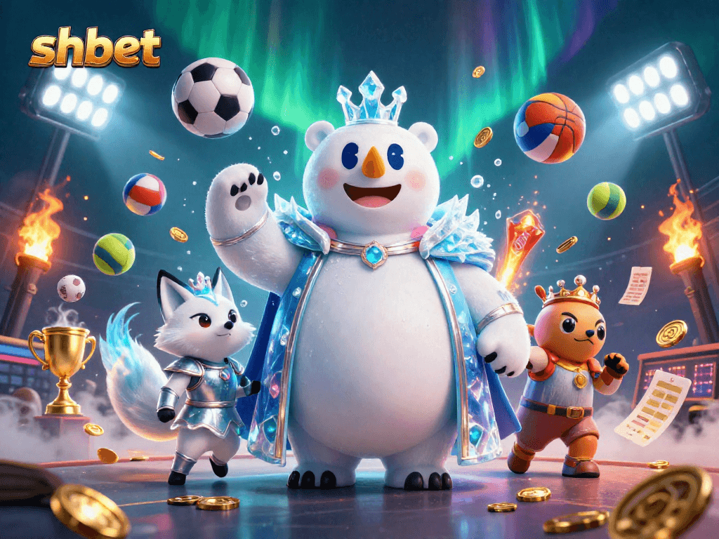 Engage in thrilling gaming at shbet, featuring a lively scene with a polar bear and snow fox amidst dynamic sports elements.