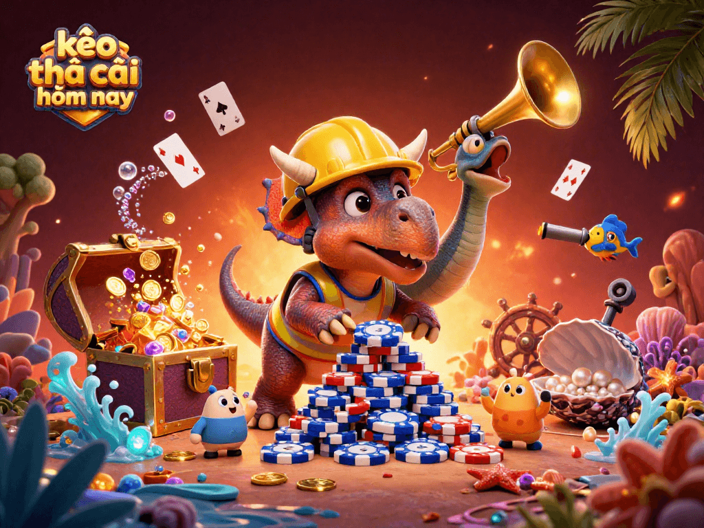 Engage with kèo nhà cái hôm nay at a lively casino scene featuring a joyous triceratops and festive elements.