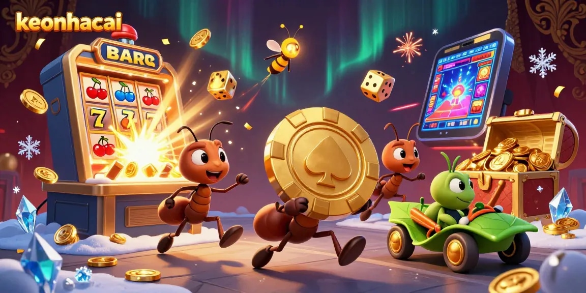 Ants on a heist feature keonhacai gaming action with slot machine icons and golden treasures.