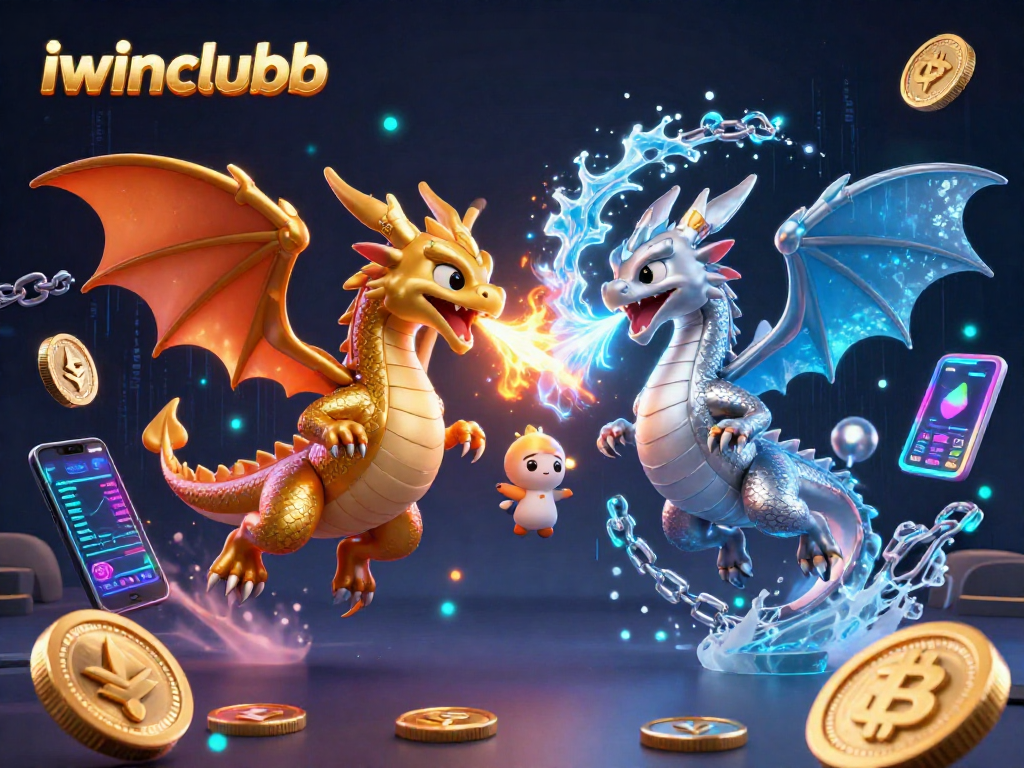 Engage with iwinclubb's thrilling scene featuring intertwined dragons and neon blockchain elements.
