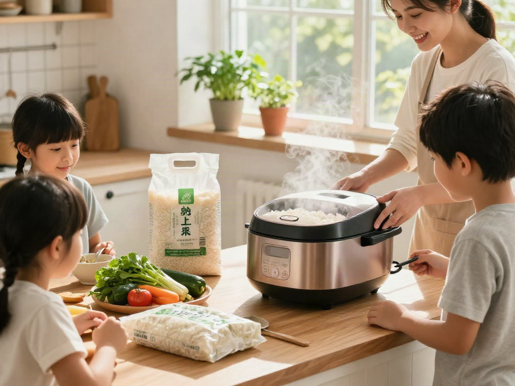 Family preparing a meal with a Rice Cooker in a cozy home kitchen.