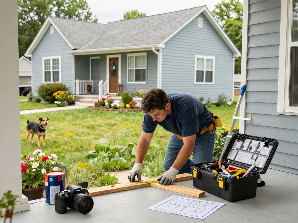 Professional home repair services Des Moines Iowa handyman measuring wood on a sunny porch, showcasing home improvement.