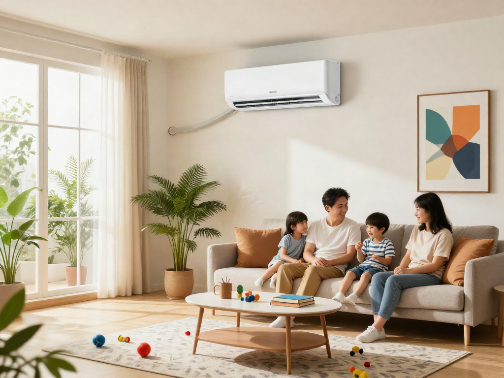 Inviting living room with a 18000 btu mini split air conditioner providing comfort to a family relaxing together.