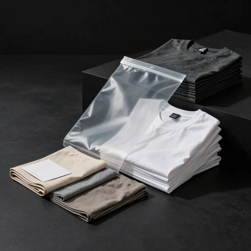 Sample run starter pack with blank tees, swatches and a clear garment bag in a dim studio.