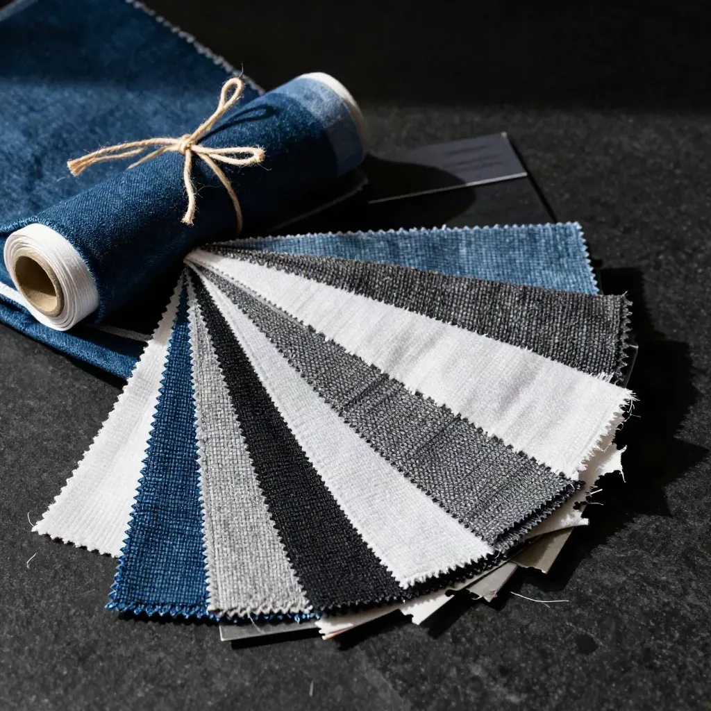 Fabric swatch kit with indigo, twill, and knit samples on a dark studio surface.