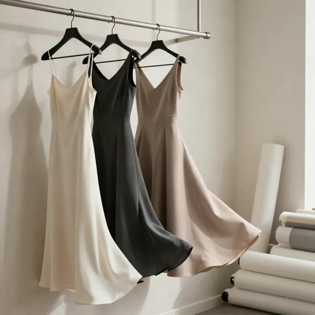 Three sample dresses in a soft arc inside a luxe atelier, lit by soft daylight.