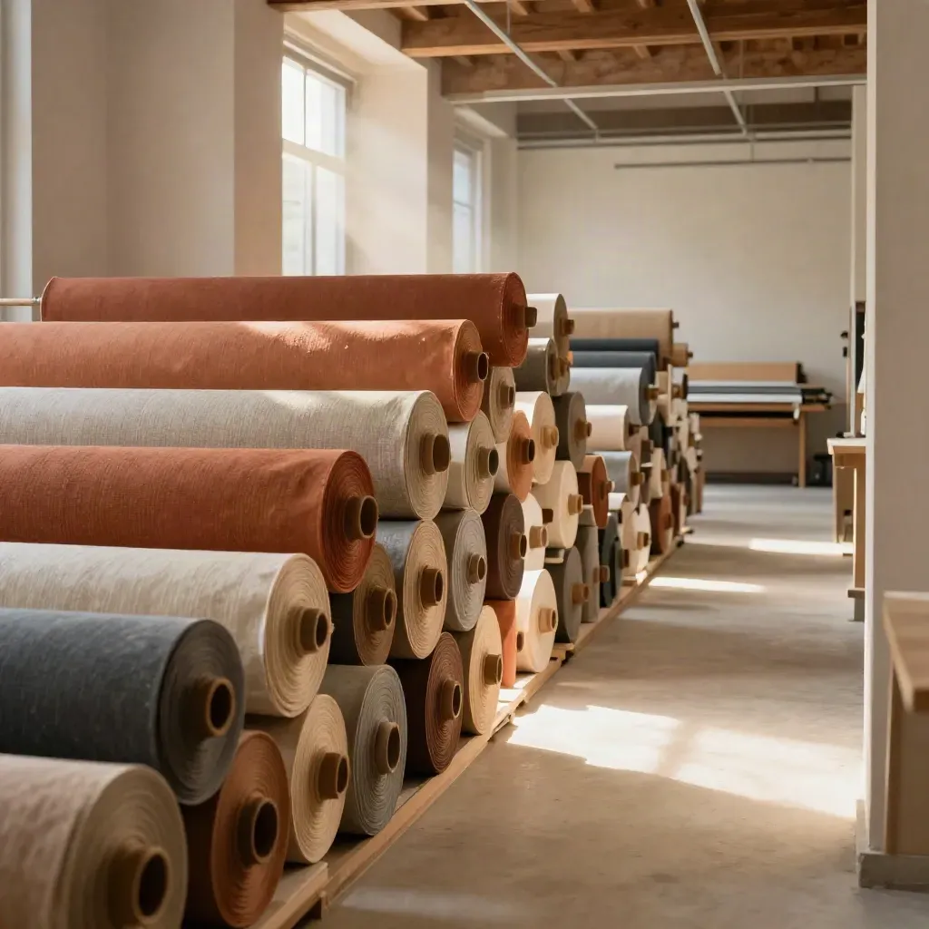 Sunlit textile workshop aisle with stacked fabric rolls and a distant cutting bench