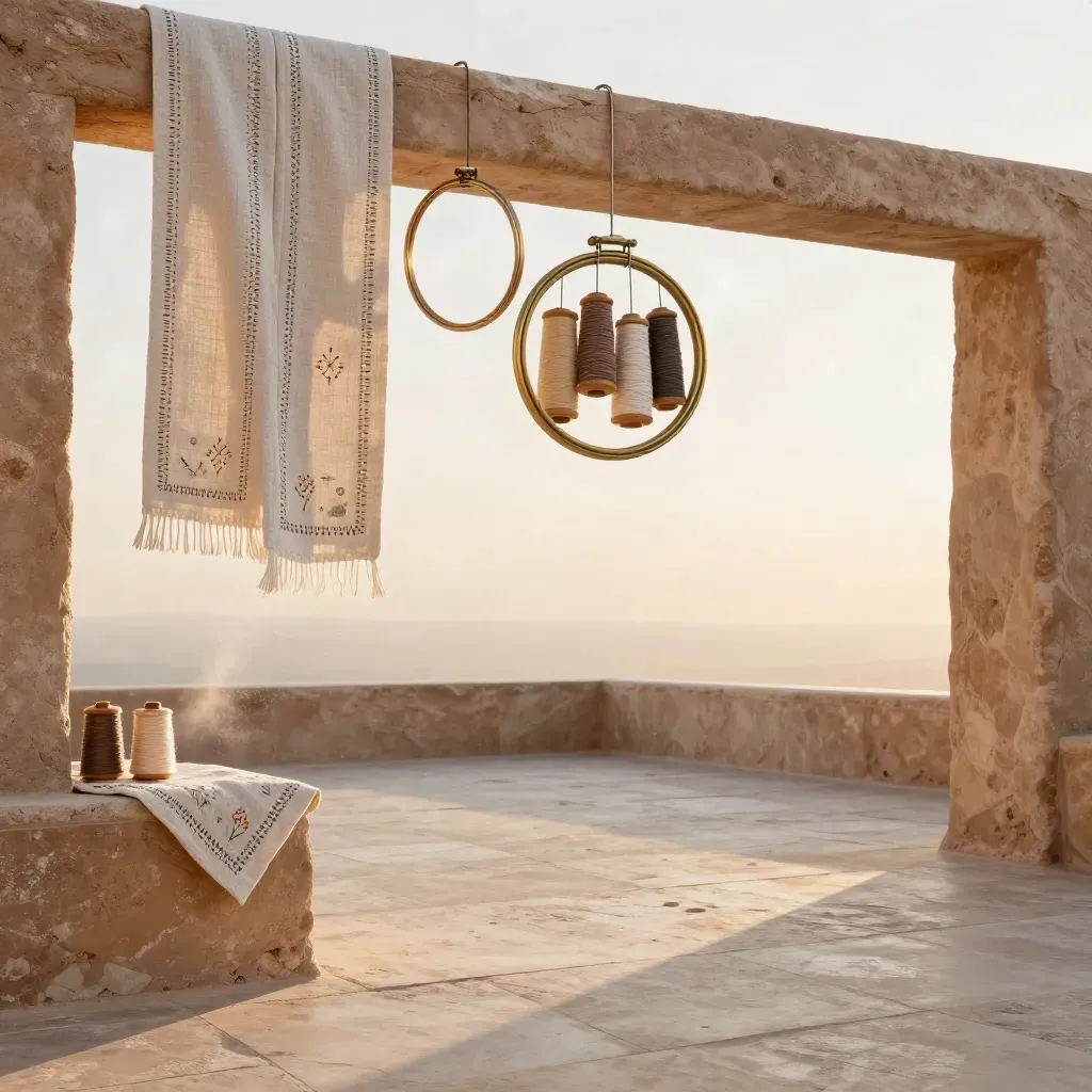 Sunlit stone courtyard with hanging cloth strips, embroidery hoops and thread cones.