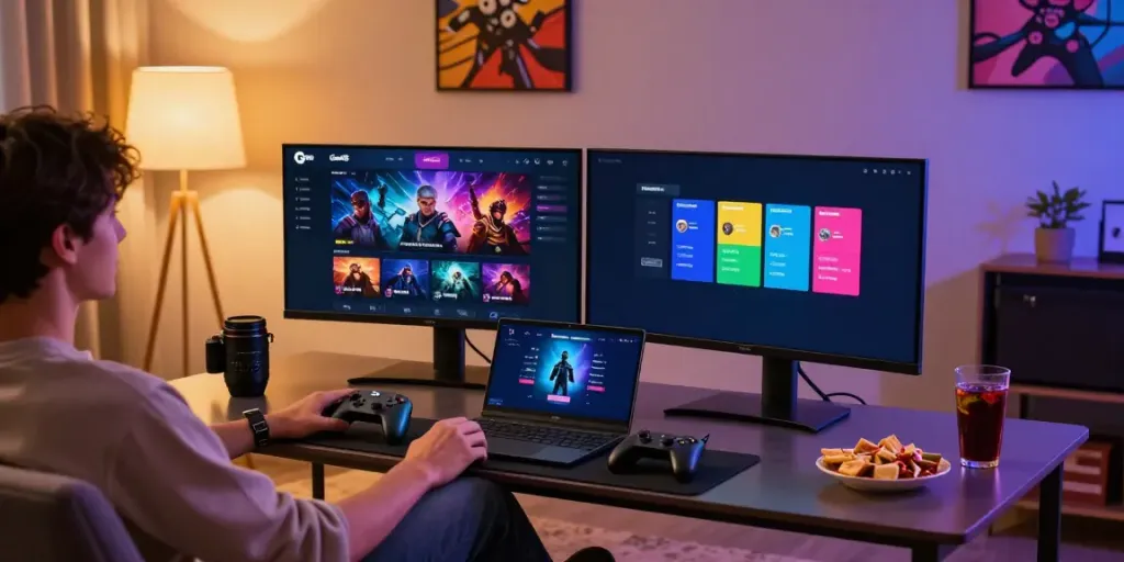 Engaged user exploring gaming options on Gem88 online platform in a cozy living room.