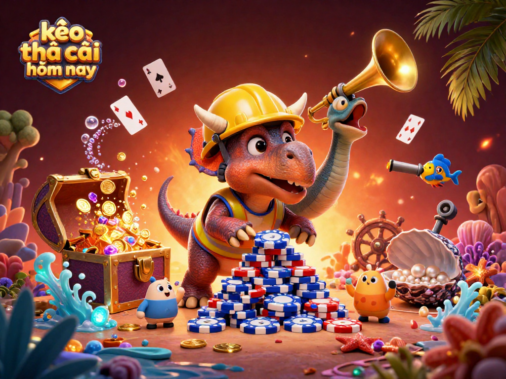 Engage with kèo nhà cái hôm nay at a lively casino scene featuring a joyous triceratops and festive elements.