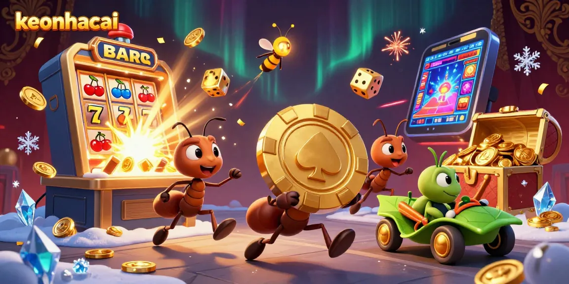 Ants on a heist feature keonhacai gaming action with slot machine icons and golden treasures.