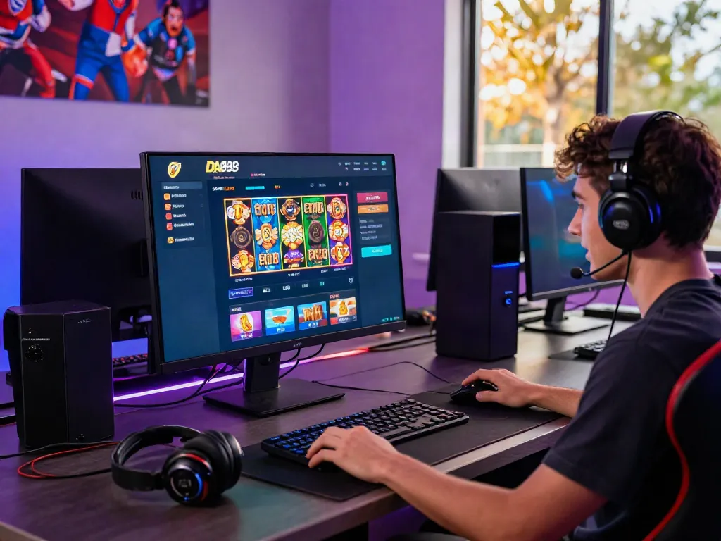 DA88 online betting platform in an engaging gaming environment with vibrant accessories, showcasing a player's immersive experience.