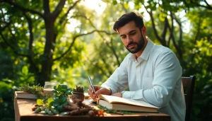 Learn about Ayurveda online courses with a dedicated practitioner surrounded by herbs and books.