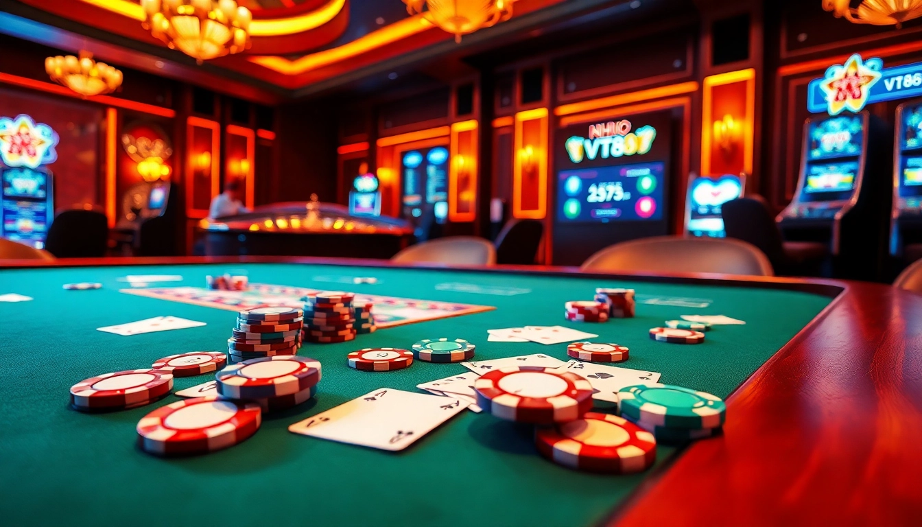 NHÀ CÁI VT88 vibrant casino scene with poker chips and roulette wheel, embodying excitement and luxury.