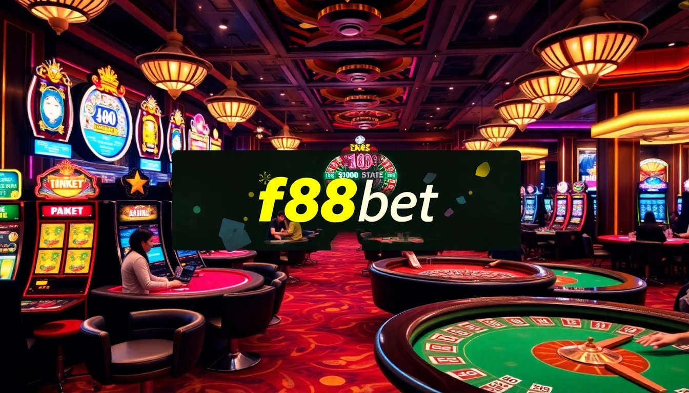 Engaged players enjoying an exciting f88bet casino experience with vibrant gaming tables and slot machines.