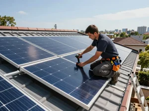 Residential solar panel installation, illustrating garanția modulelor fotovoltaice – ce acoperă, highlighting the technician's work and solar technology.