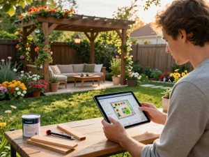 Homeowner using a pergola 3D planner in a vibrant backyard, surrounded by flowers and outdoor decor.